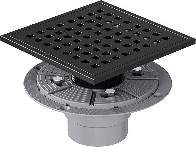 Neodrain Square Shower Drain,6 inch Black Stainless Steel 304 Grate and PVC Drain Body, Grate with Kit Includes Hair Trap/Strainer,Lifting Hook and PVC Drain Base
