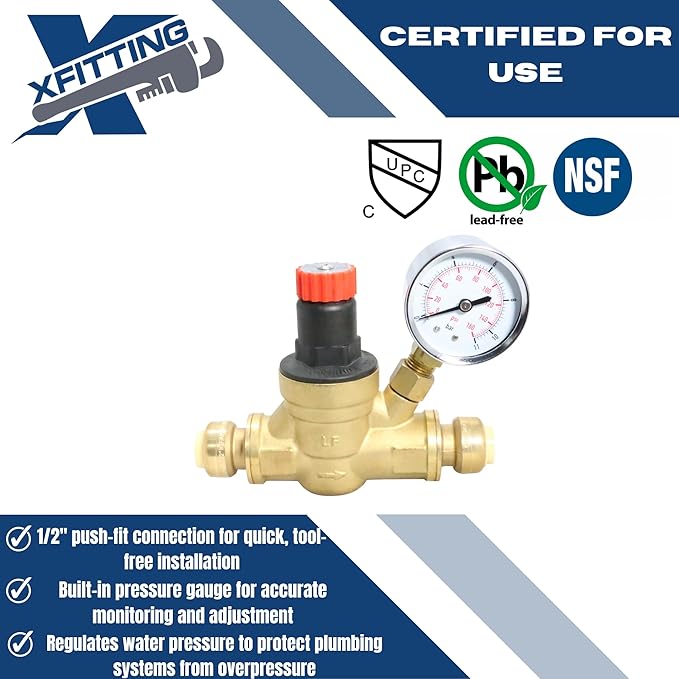 10 Pcs XFITTING 1/2 Inch Push Fit Water Pressure Regulator Valve with Gauge, 3-4-2=10XX