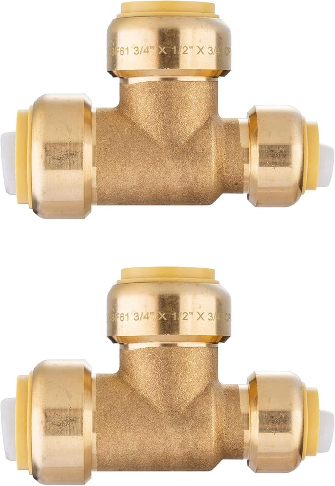 (Pack of 2) EFIELD 3/4"x 1/2" x3/4" Tee Push-Fit Fitting to Connect Pex, Copper, CPVC With 2 Size Disconnect Clips,(PF128-2PCS)