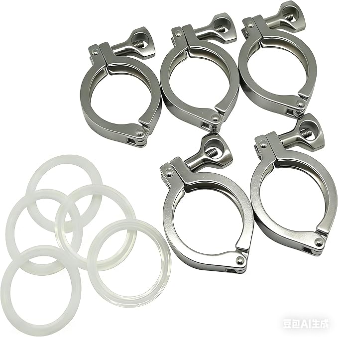 QiiMii 5 Pcs Heavy Duty Single Pin Tri Clamps Ferrule TC 2.5 Inch Stainless Steel 304 with Silicone Gasket