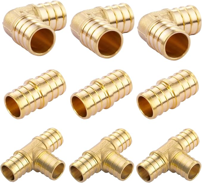 3/4 inch T PEX Tee & 90 Degree Elbow & Straight Coupling 3/4" (pack of 9) Lead-Free Brass Barb Crimp Pipe Fitting/Fittings