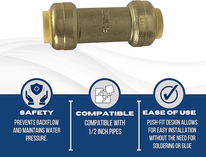 1 Piece XFITTING 1/2" x 1/2" Push Fit Check Valve, Certified to NSF ANSI 61, Brass, Plumbing Fitting for Copper, Pex, CPVC