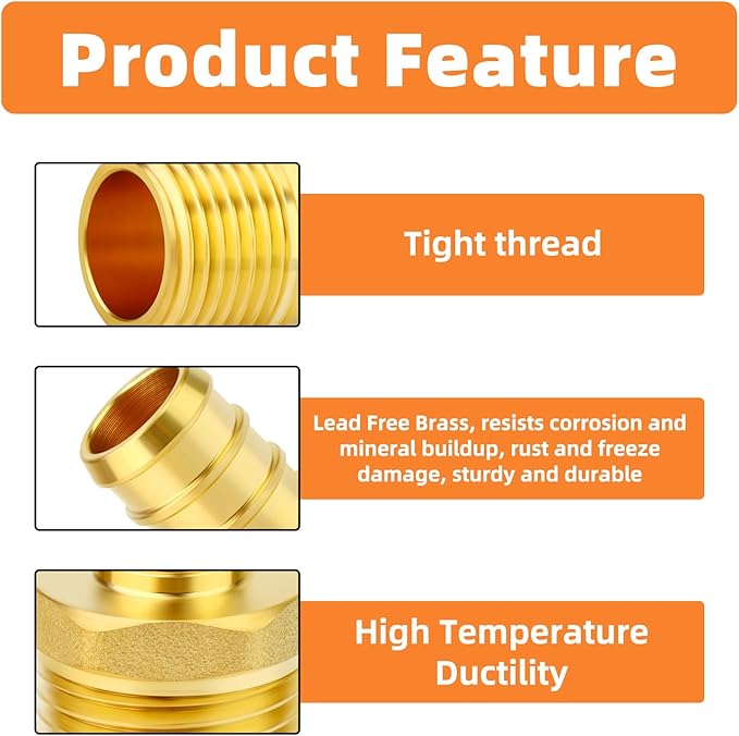 GASHER 2Pcs No Lead Brass 3/4" Pex Male Adapter, 1/2" Male NPT to 3/4" PEX Adapter for Pex Tubing