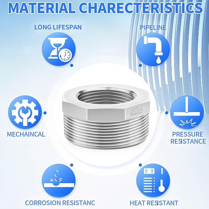 ChillWaves 304 Stainless Steel Pipe Fitting, Reducer Hex Bushing 2" NPT Male x 1" NPT Female Thread Adapter(2-PACK)