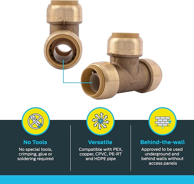 SharkBite 3/4 Inch Tee, Push to Connect Brass Plumbing Fitting, PEX Pipe, Copper, CPVC, PE-RT, HDPE, U370LFA