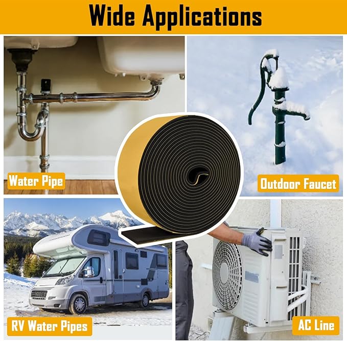 DEMEDO Pipe Insulation Tape, Pipe Wrap Insulation Foam Tape Self Adhesive, Outdoor Water Pipe Insulation Roll for HVAC, AC Line Insulation, 6 inch x 16.5 FT Heat Tape for Water Pipe, Black