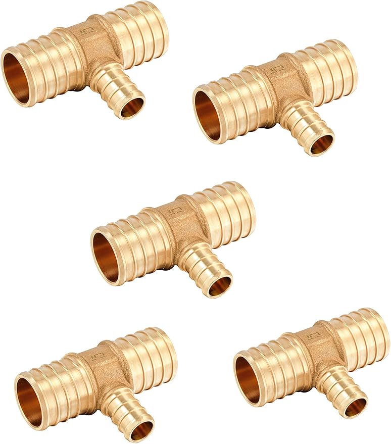 (Pack of 5) EFIELD 1" x1"x 1/2" Pex Reducing Tee Brass Barb Crimp Fittings For Pex Tubing Connection,(PEX1807086)