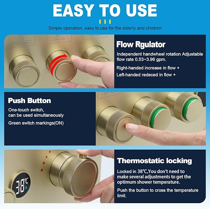 Enga 3-Function Shower Mixing Valve, Temperature Display Push-Button Thermostatic Valve with Flow Volume Control, Brushed Gold