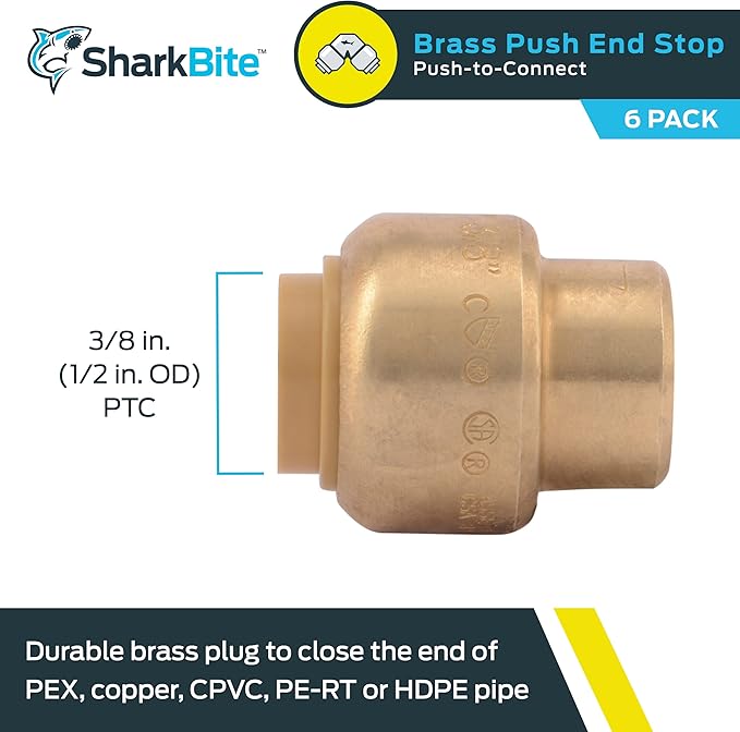 SharkBite 3/8 Inch (1/2 Inch OD) Push Cap, Pack of 6, Push to Connect Brass Plumbing Fitting, PEX Pipe, Copper, CPVC, PE-RT, HDPE, U512LF