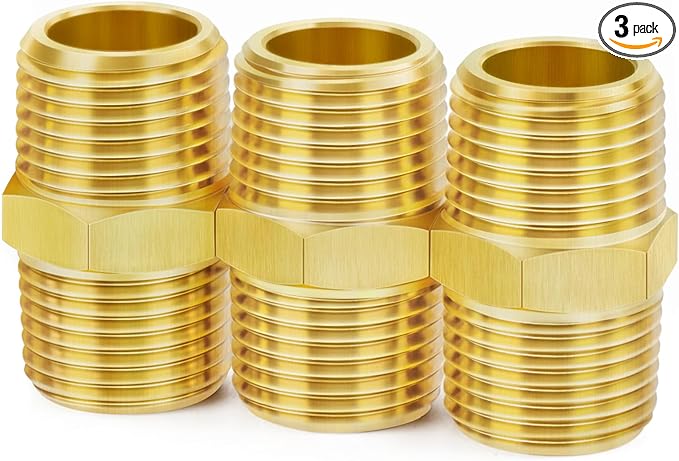 ChillWaves Brass Pipe Fitting, Hex Nipple 1/2" NPT Male x 1/2" NPT Male Thread Adapter(3-PACK)