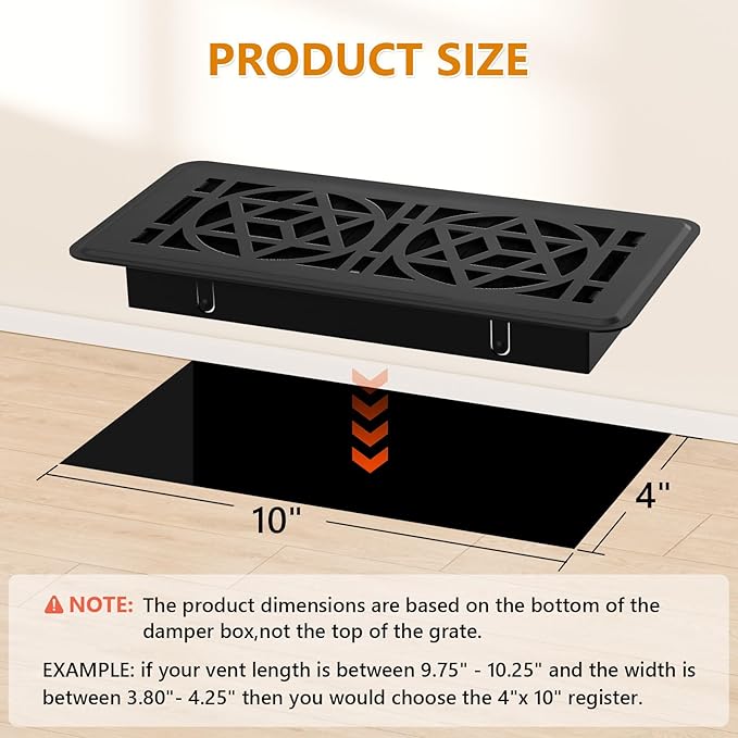 2 Pack Floor Vent Covers, Floor Register 4x10, Heavy Duty Walkable Steel Vent Cover, Adjustable Decorative Vent Covers for Home Floor Ceiling or Sidewall Vent, Rust-Proof Finish (Black)