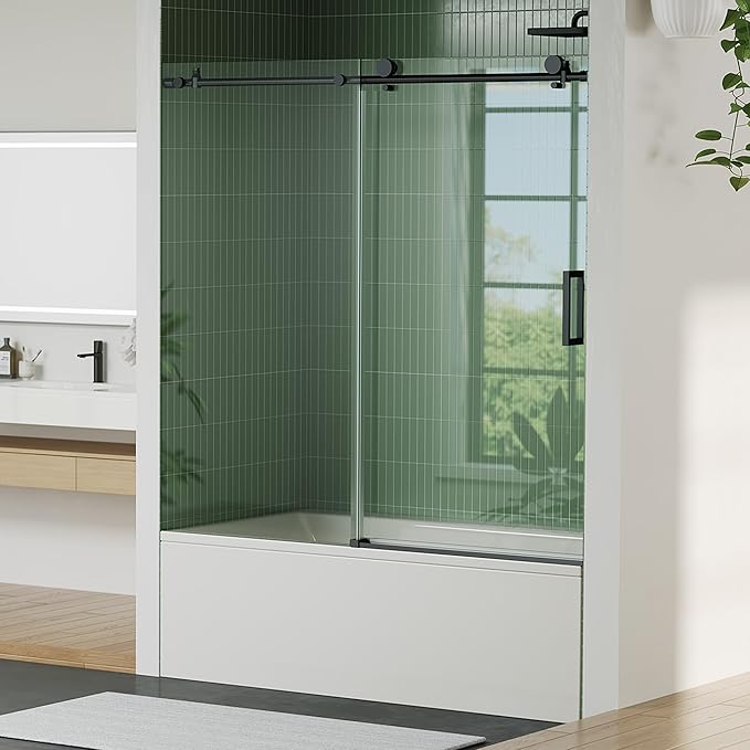 Frameless Sliding Shower Door - 56 to 60 Inch Adjustable Width x 59 Inch Height, 8mm Tempered Glass with Soft Close & Easy-Clean Coating, Stainless Steel Round Rail & 55 Rollers, Matte Black Finish