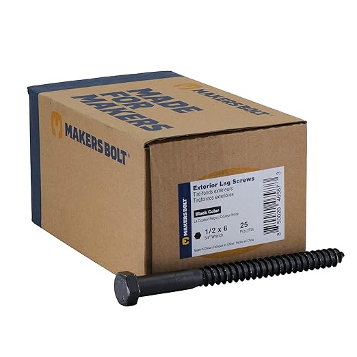 1/2" x 6”, 25-Piece Black Lag Bolts, Rustproof 4-Layer Ceramic BLAKOTE, 2X Protection of Galvanized Lag Screws, for Decks Pergolas by Makers Bolt