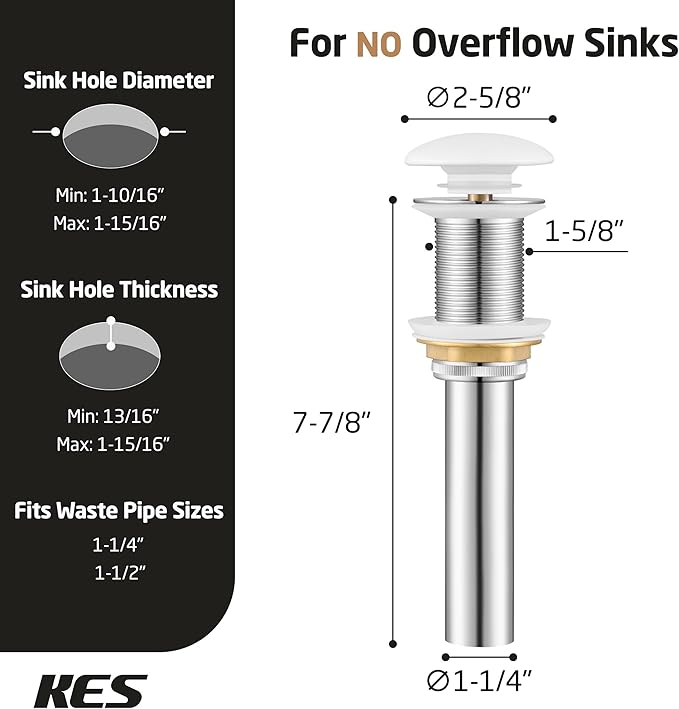 KES Bathroom Sink Drain Without Overflow, Pop Up Drain for Bathroom Sink, Bathroom Sink Stopper (White Ceramic Cap and All-Metal Body), S2008D-CW