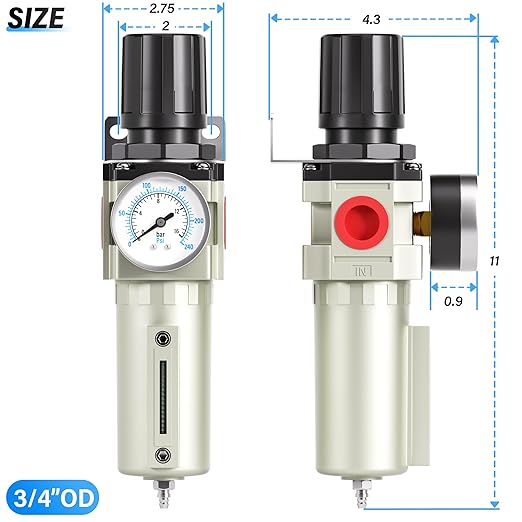 TAILONZ PNEUMATIC 0-240PSI 3/4 Inch NPT Industrial Heavy Duty Particulate Filter and Regulator, Particulate Filter, Coalescing Filter (Manual Drainage)