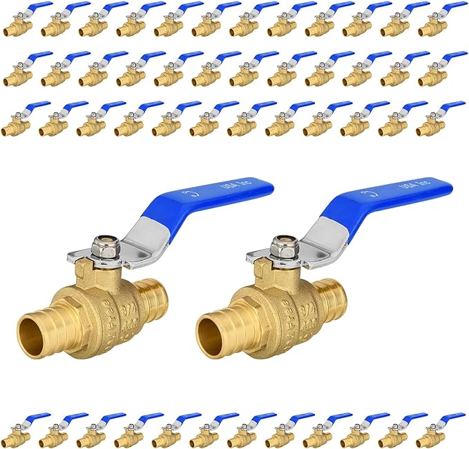 50-Pack Foskan 3/4 Inch PEX Crimp Full Port Ball Valve with Blue Handle, Brass Quarter Turn Shut-off Valve for PEX Tubing