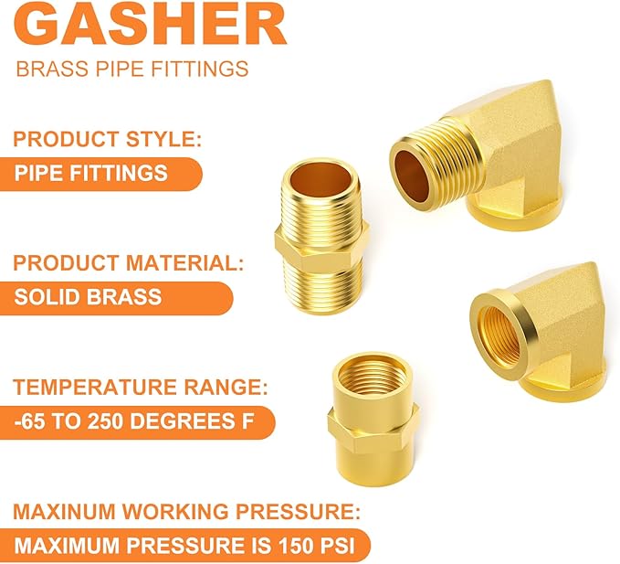 GASHER 24PCS 1/4 Inch NPT Brass Pipe Fittings, Hex Nipple, Hex Coupling, 90 Degree Barstock Street Elbow Air Hose Fittings