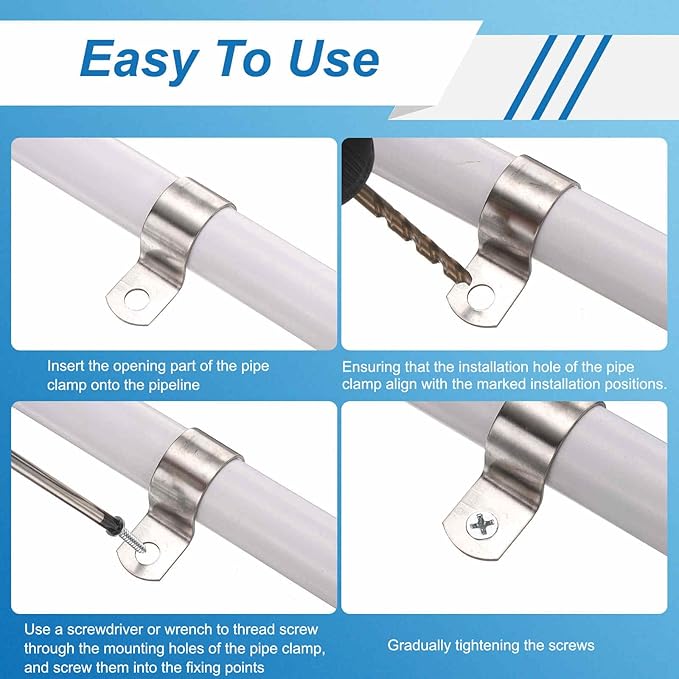 HARFINGTON 1-3/4 Inch Pipe Strap, 304 Stainless Steel Conduit Clip 10Pcs Single Hole Strap Clamp for Pipe Tube Cable Fixing (45mm, Silver)
