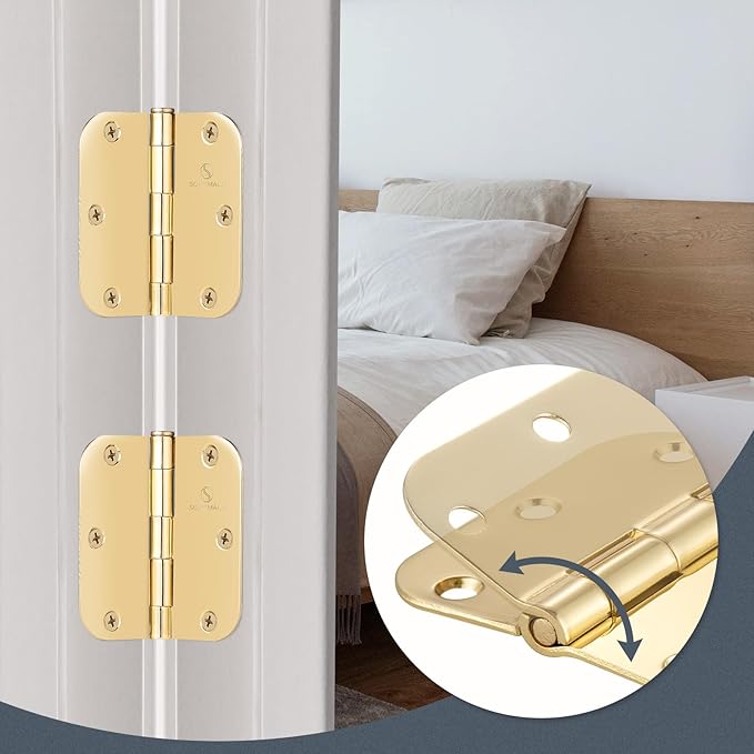 24 PackDoor Hinges Polished Brass 3.5 Inch Interior Hinges 5/8" Radius Brushed Brass Door Hinges