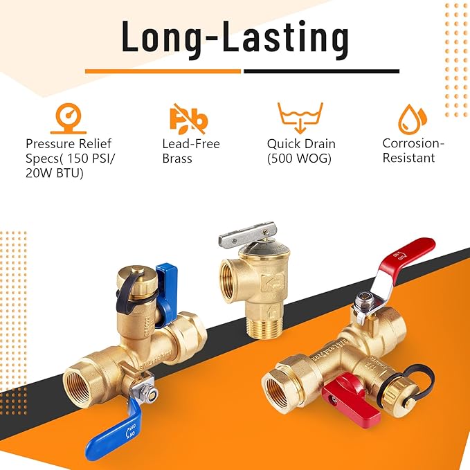 (Set of 1 Kit) HeSun 3/4" FIP X 3/4" FIP IPS Isolator Tankless Water Heater Service Valve Kit, with Pressure Relief Valve (TOOL028)
