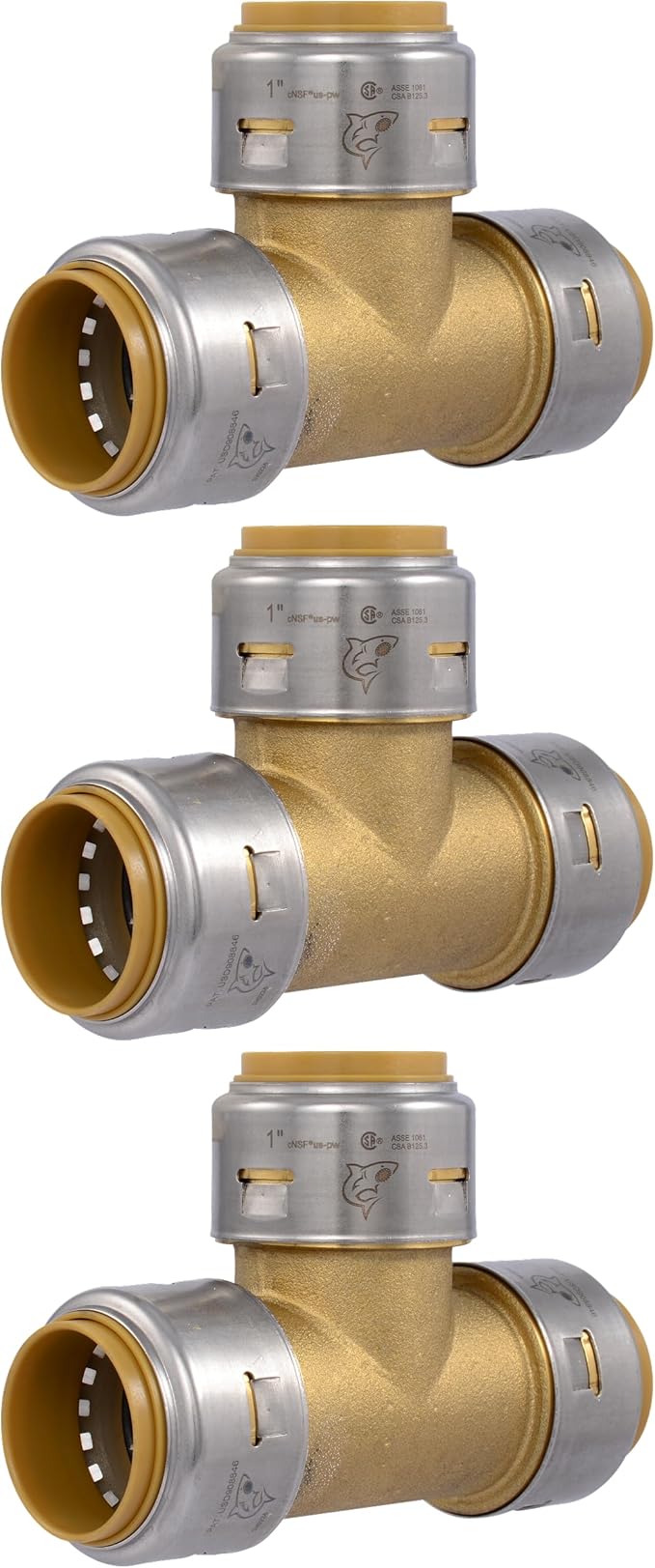 SharkBite Max 1 Inch Tee, Pack of 3, Push to Connect Brass Plumbing Fitting, PEX Pipe, Copper, CPVC, PE-RT, HDPE, UR374