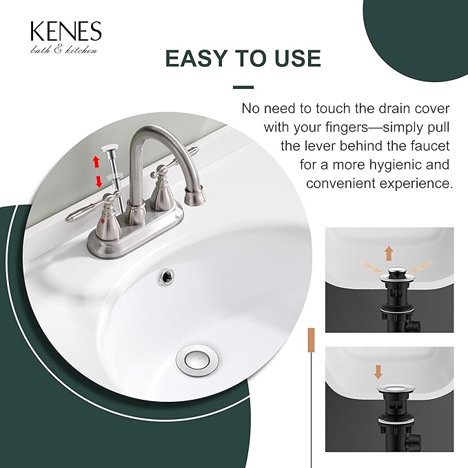 KENES Bathroom Sink Drain Stopper with Lift Rod, Chrome Sink Drain with Overflow, Lavatory Pop Up Drain Assembly for Bathroom Vanity Sink, LJ-P701-5