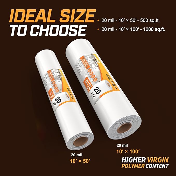Crawl Space Vapor Barrier, 20 Mil Vapor Barrier, 10'x100', White Plastic Sheeting - Thick Plastic Sheeting, Heavy Duty Polyethylene Film, Drop Cloth Vapor Barrier Covering for Crawl Space, Basement