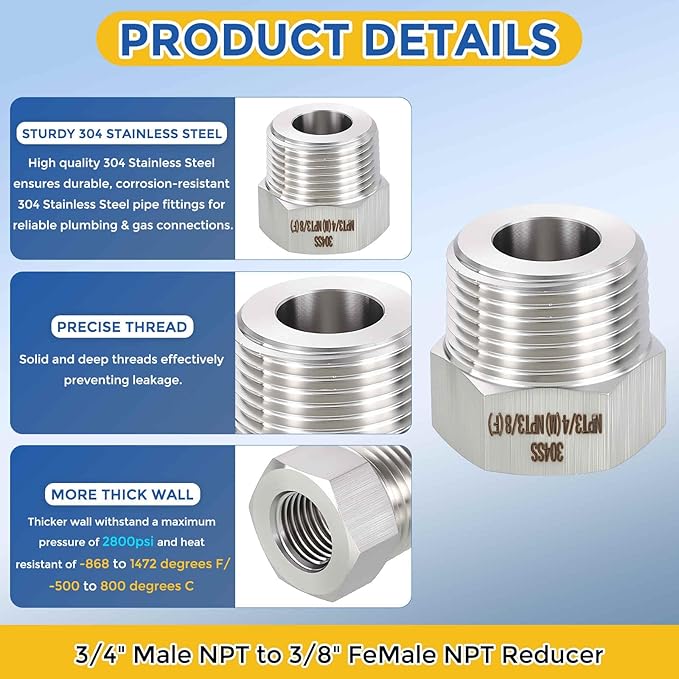 5 Pack 304 Stainless Steel Pipe Fittings, 3/4" Male NPT to 3/8" FeMale NPT Hex Bushing Reducer, Hose Tube Threaded Adapter for Air, Oil, LP