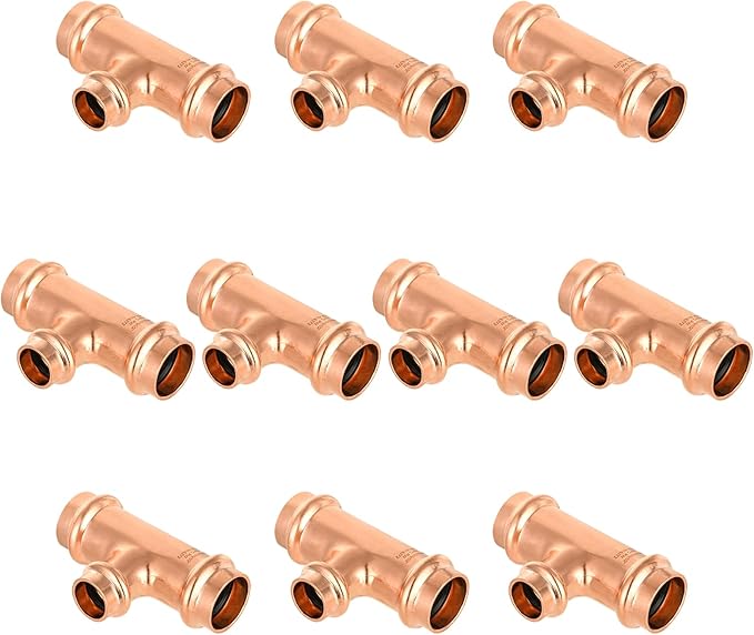 10-Pack GUOFIS Copper Press Tee,3/4" x 3/4"x 1/2" Tee Fittings for Copper Tube Connection with Stop(PRESS018)
