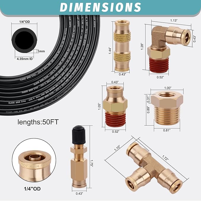 100FT 1/4 Air Hose Brass Fittings Kit 22pcs 1/4" OD Quick Push to Connect DOT Brass Fittings 1/4 SAE J844 PA12 Nylon Air Line Tubing with Cutter for Air Suspension Kit Trailer Brake System