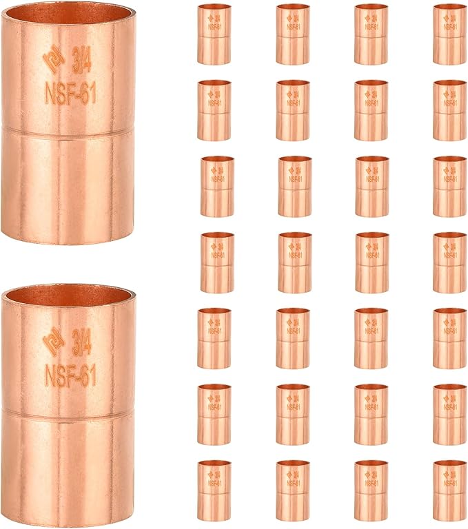 HeSun 30-Pack Copper Fittings, 3/4-Inch Copper Coupling with Rolled Stop, C x C with Sweat Solder Connection