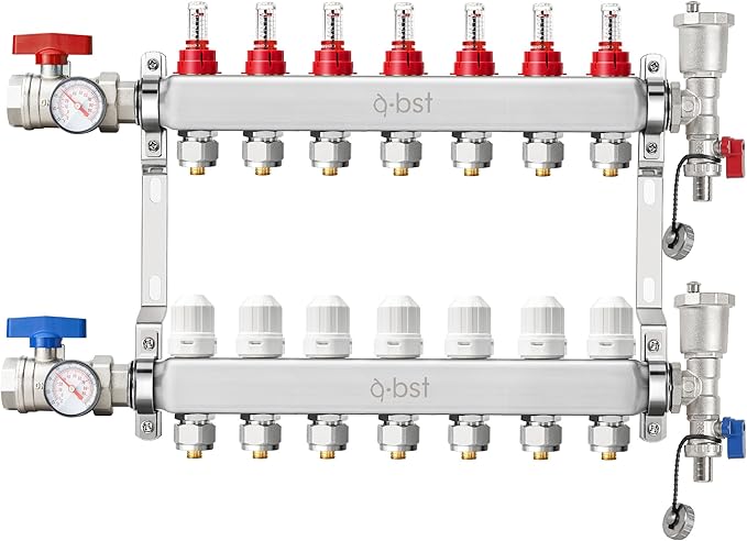 ABST PEX Manifold,7 Loop Stainless Steel Floor Radiant Heat Manifold Kit with 1/2" Adapters Included for Hydronic Radiant Floor Heating