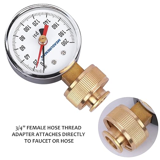 MEASUREMAN 2" Water Pressure Test Gauge, 3/4" Female Hose Thread, 0-200 psi/kpa with Maximum Pressure Memory