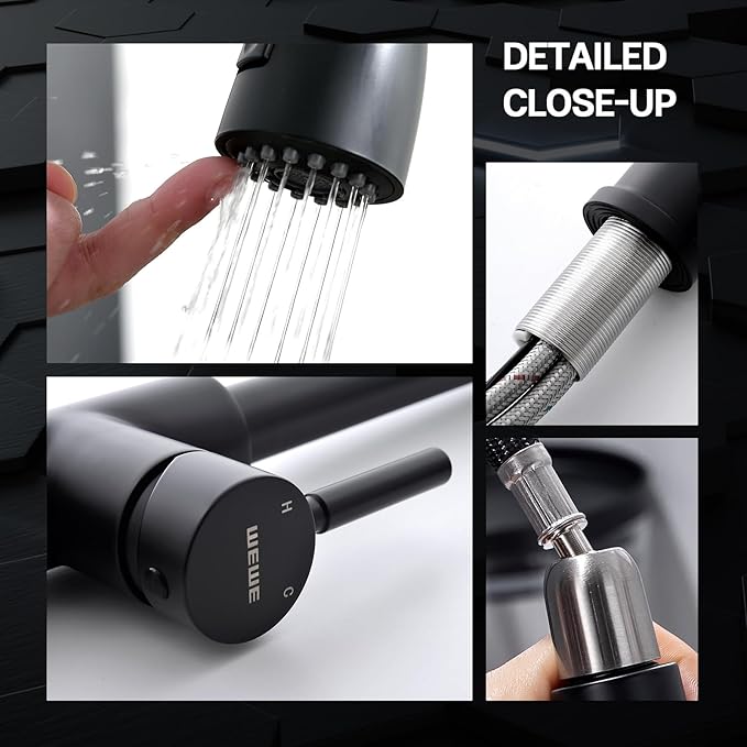 WEWE Black Kitchen Faucet, Kitchen Faucets with Pull Down Sprayer Commercial Stainless Steel Single Handle Single Hole Kitchen Sink Faucet for Farmhouse Camper Laundry Rv Bar