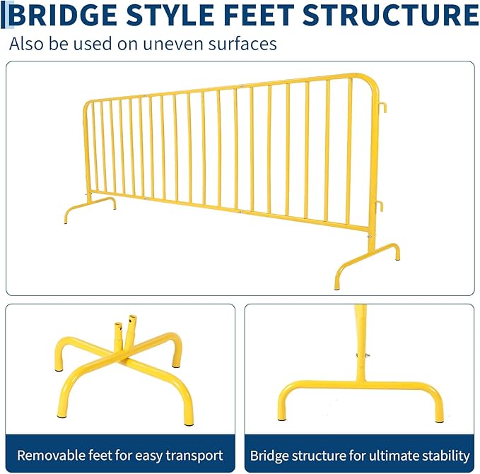 Interlocking Steel Barricade, 7.5 Ft. Heavy Duty Galvanized Metal Barricade, Interlocking Steel Road Barriers with with Bridge Feet Base, for Crowd Control Event Fencing Indoor/Outdoor, Yellow