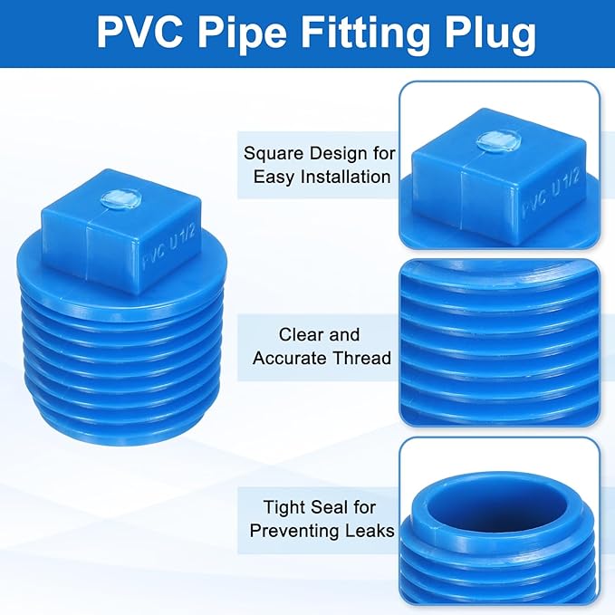 uxcell 10Pcs 1/2 Inch PT Male Thread PVC Pipe Fitting Plug, Cleanout Plugs, Water Drain End Caps Coupling Adapter with Tape for Water Heater Supply Lines, Plumbing, Blue