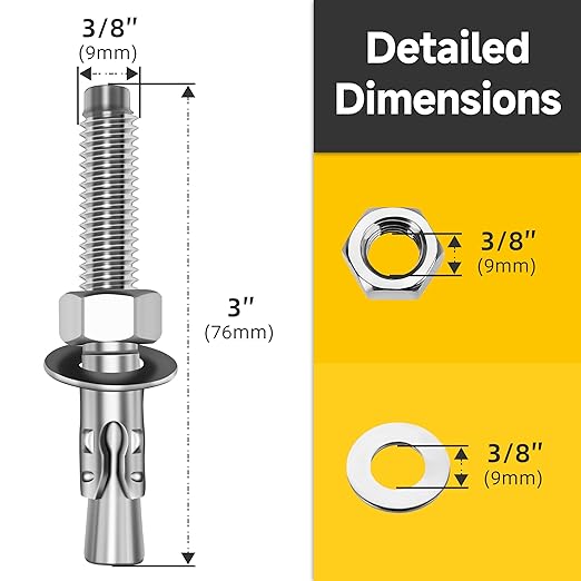 Mywish 3/8 x 3 Inch Wedge Anchors, 10Pcs 304 Stainless Steel Industrial 3/8 Heavy Duty Industrial Masonry Wdege Anchor Bolts for Brick Cement and Concrete, Bright Finish