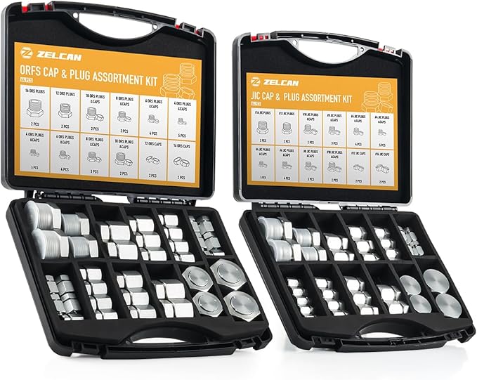 ZELCAN JIC and ORFS Industrial Hydraulic Cap and Plug Hose Tube and Pipe Fitting Kit Cap and Plug Kit with Galvanized 45# Steel and Precision Threading in ORFS and 37° Dash Sizes 4 6 8 10 12 16