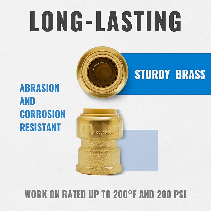 SUNGATOR 3/4 Inch Female Adapter, 3/4 Inch FNPT, No Lead Brass Push-to-Connect Plumbing Fitting for PEX Pipe, Copper, CPVC, With 1 Disconnect Clip, Pack of 3