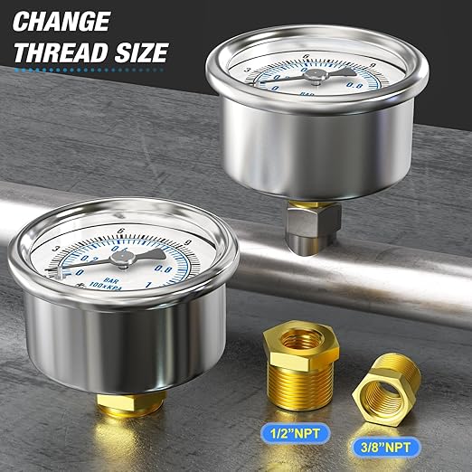 MEANLIN MEASURE 0~15Psi Dry Low Pressure Gauge Stainless Steel 1/4" NPT 2" FACE DIAL Waterproof for Water Oil Air Well Pump Tank Tire Pressure Test Back Mount, with 1/2" NPT and 3/8" NPT Hex Bushing