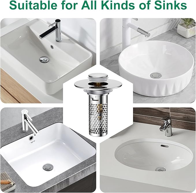 Bathroom Sink Drain Strainer,Pop-Up Sink Stopper Hair Catcher, Anti-Clog Stainless Steel Drain Filter Basket, Removable Sink Drain for Bathroom Sink Stopper Replacement (Silver-2)