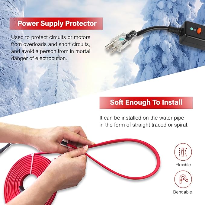 OEBLD Heat Tape for Water Pipes 3FT, Replaceable Smart Thermostat for Pipe Freeze Protection, Self-Regulating Roof Deicing Cable for Metal and Plastic Home Pipes, 110-120V