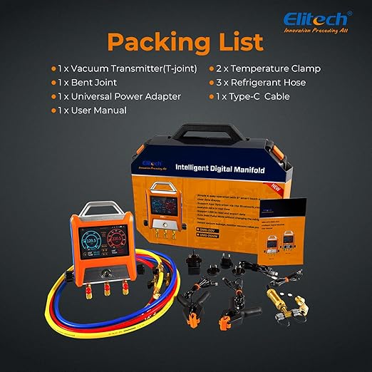Elitech EMG-20V Intelligent HVAC Digital Manifold Gauge Three Port with Vaccum Sensor Thermometer Clamps Hoses