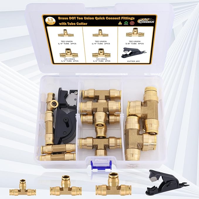 CheeMuii 13 PCS Brass DOT Air Line Fittings Kit 1/4 3/8 1/2 DOT Quick Connect Air Fittings Tee Union Push to Connect Air Hose Fittings for Semi Truck Trailers Air Brake System
