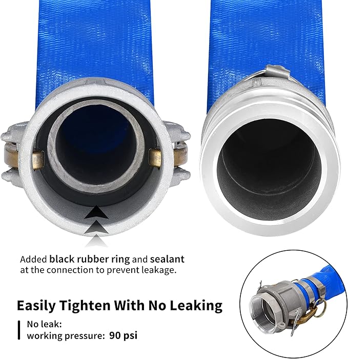2" x 50ft PVC Lay Flat Discharge Hose With Aluminum Camlock C & E Fittings, Cam Lock Fitting Type A included, Heavy Duty Reinforced Pump Backwash Hose Assembly