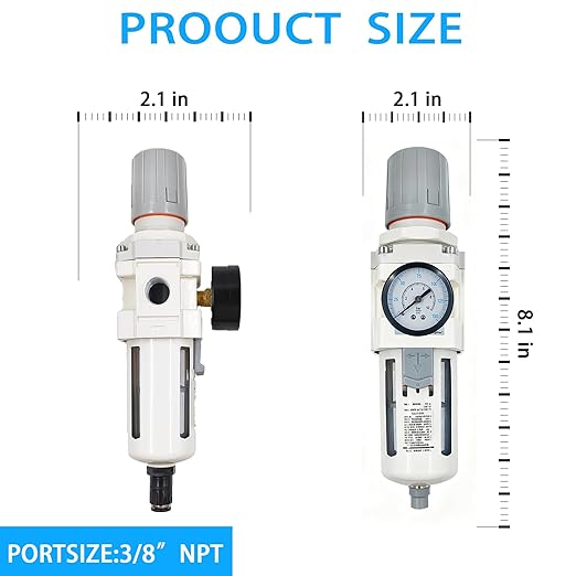 XingNEeng 3/8" NPT Compressed Air Filter Regulator Lubricator Combo, Water/Oil Trap Separator, Gauge(0-150 psi), Semi-Auto Drain, Poly Bowl, 5 Micron Brass Element, Bracket, for Pneumatic Systems