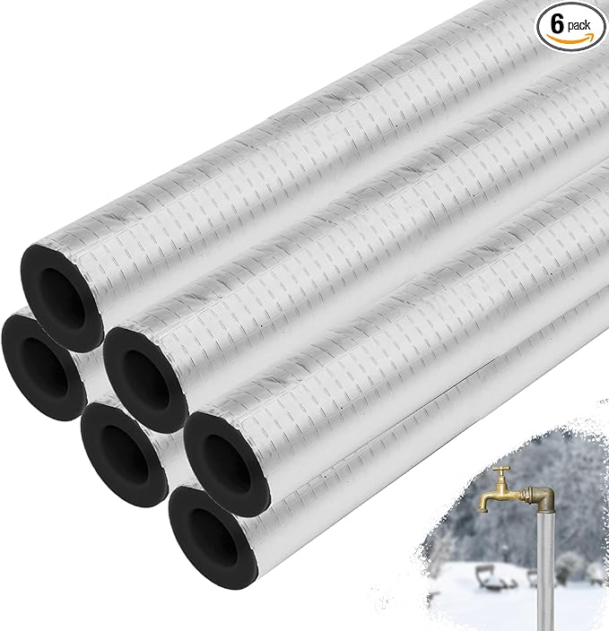 6 Pack Pipe Insulation Foam Tube, 3/4'' Self-Adhesive Pre Slit Foam Pipe Covers Polyethylene with Aluminum Foil for Spigot, Winter Outside Pipes, Water Heater Pipes Freeze Protection