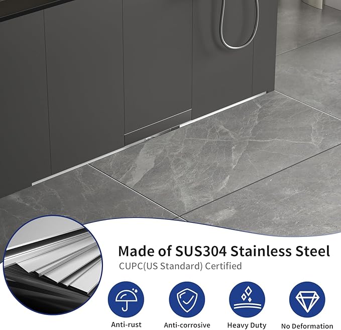 Linear Wall Drain 42’’, 304 Stainless Steel Side Drain w/Tiled Grate & Hair Strainer, Brushed Tiled Shower Drain for Bathroom, CUPC Certified