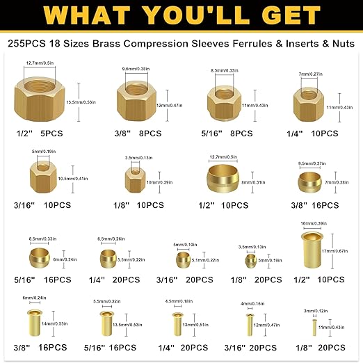 Siptenk 255PCS Brass Compression Sleeves Ferrules Inserts Nuts Fittings for Tube OD 1/2" 3/8" 5/16" 1/4" 3/16" 1/8", 6 Sizes Hose Compression Fitting Brass Ferrule Kit