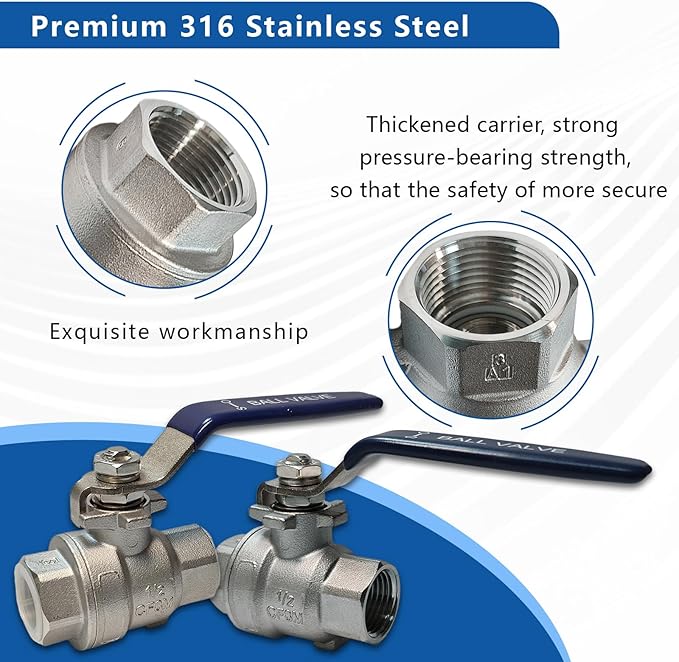 1/2" 316 Stainless Steel Ball Valve Female, 2-Piece Full Port NPT Threaded, 1000 WOG, High Pressure Corrosion Resistant Shut Off Valve for Water/Oil/Gas, Industrial Plumbing Valve (2-Pack)